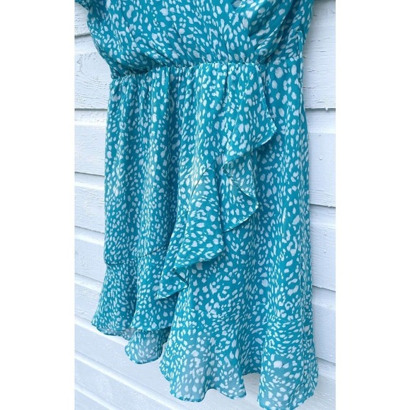 Jun Ivy Dress Aqua Blue Chiffon Flutter Sleeve Vneck Faux Wrap Polka Dot Midi - Picture 3 of 5
